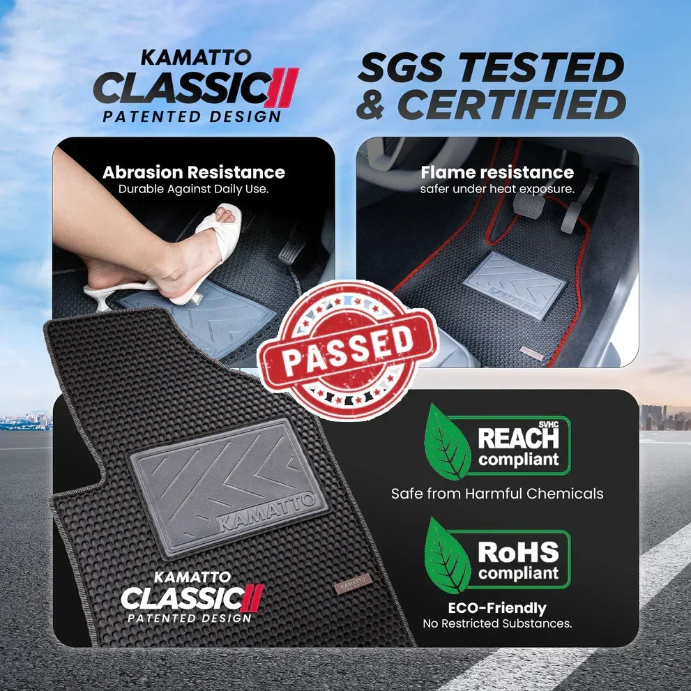 Kamatto Classic car mat with abrasion resistance, flame resistance, REACH, and RoHS compliance certifications.