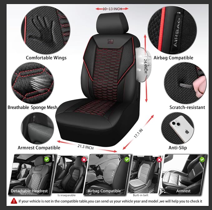 Universal Faux Leather Seat Covers — Full Set — Black / Red