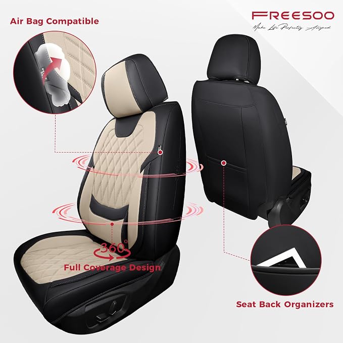 Universal Faux Leather Seat Covers — Full Set — Black / Beige