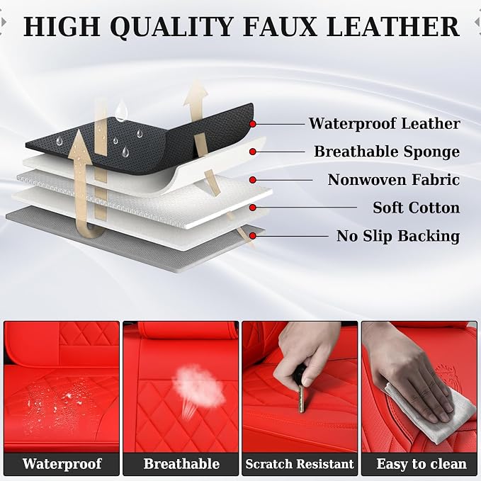 Universal Faux Leather Seat Covers — Full Set — Red