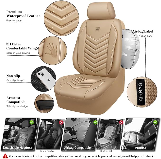 Universal Faux Leather Seat Covers — Full Set — Tan / Beige