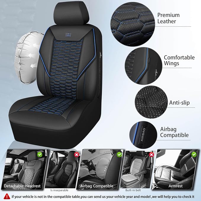 Universal Faux Leather Seat Covers — Full Set — Black / Blue