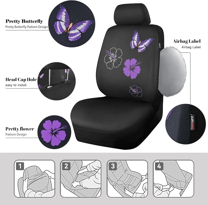 Universal Fabric Seat Covers — Full Set — Black / Purple