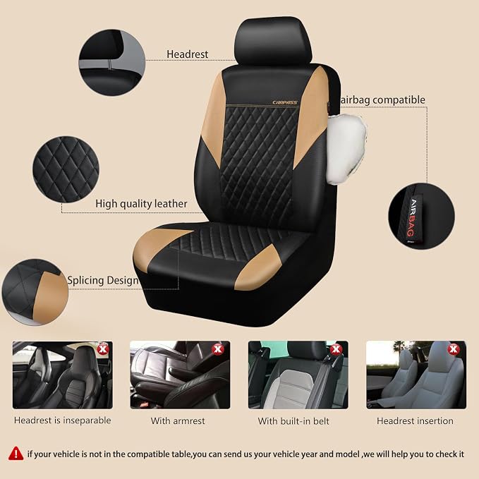Universal Faux Leather Seat Covers — Front Seat — Black / Beige