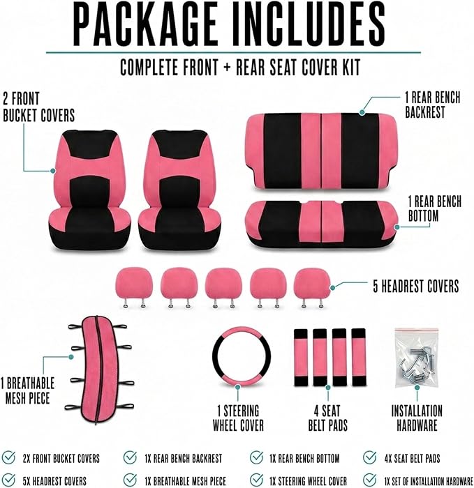 Universal Fabric Seat Covers — Full Set — Pink