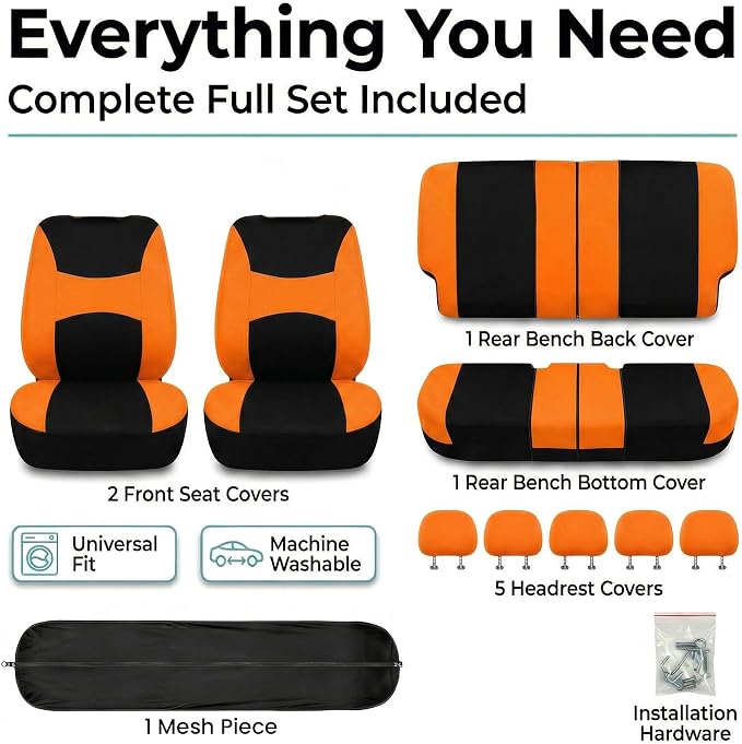 Universal Fabric Seat Covers — Full Set — Orange
