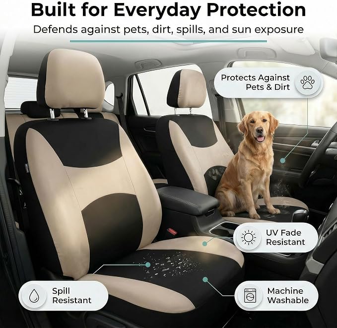 Universal Fabric Seat Covers — Front Seat — Beige / Black