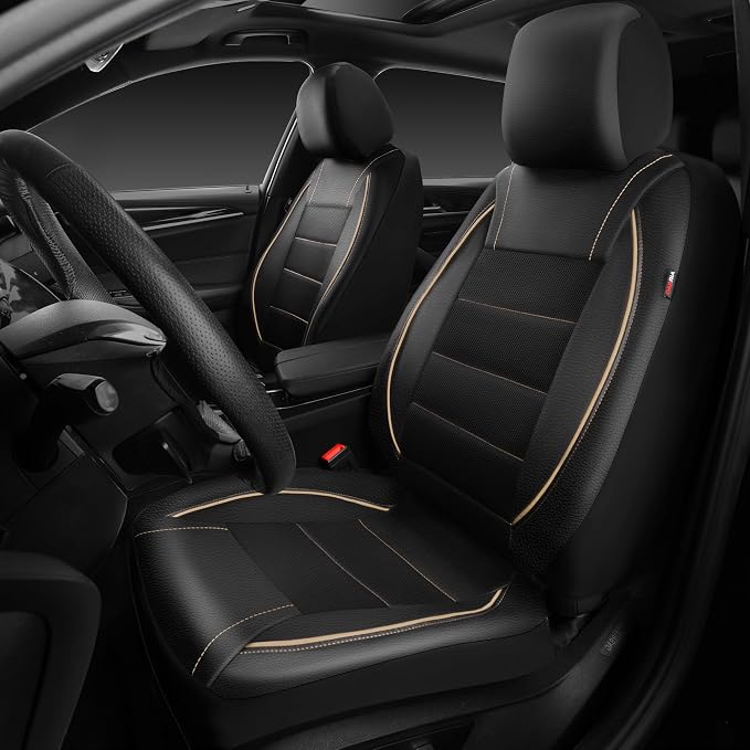 Universal Faux Leather Seat Covers — Front Seat — Black / Beige