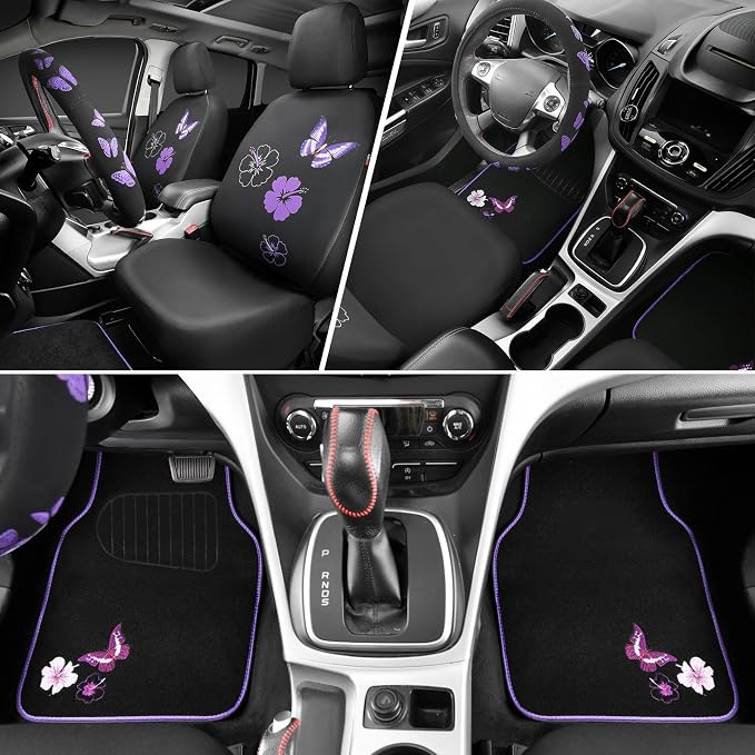Universal Fabric Seat Covers — Full Set — Black / Purple