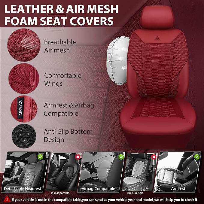 Universal Faux Leather Seat Covers — Full Set — Red / Burgundy