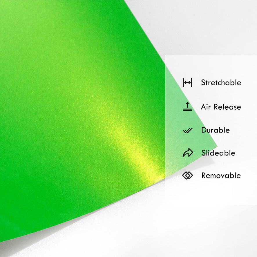 Green and yellow gradient material with feature icons and text on a white background