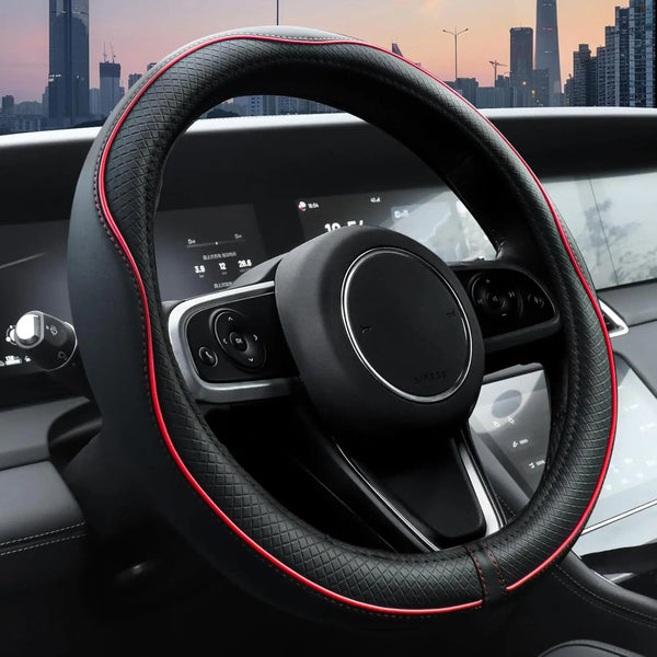 Microfiber Leather Steering Wheel Cover โ Anti-Slip, Waterproof, Perfect Fit 14.5โ15 Black with Red line Main_01_5d37503d-f484-440e-836d-5591815a601a