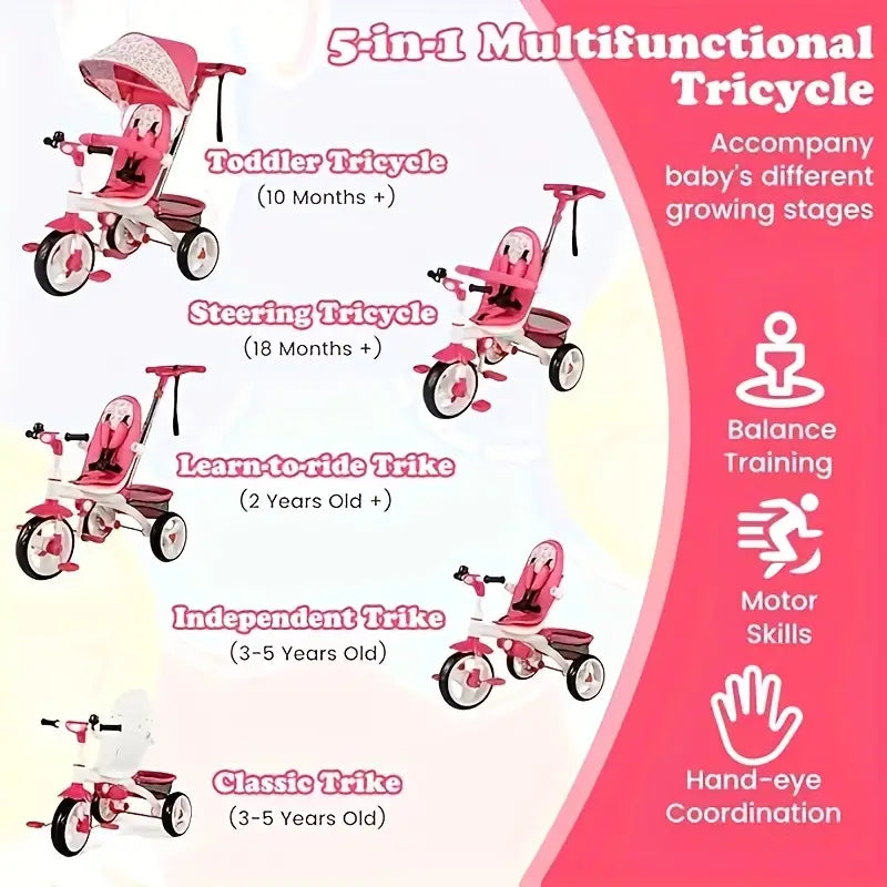 5-in-1 Convertible Tricycle Stroller with Canopy