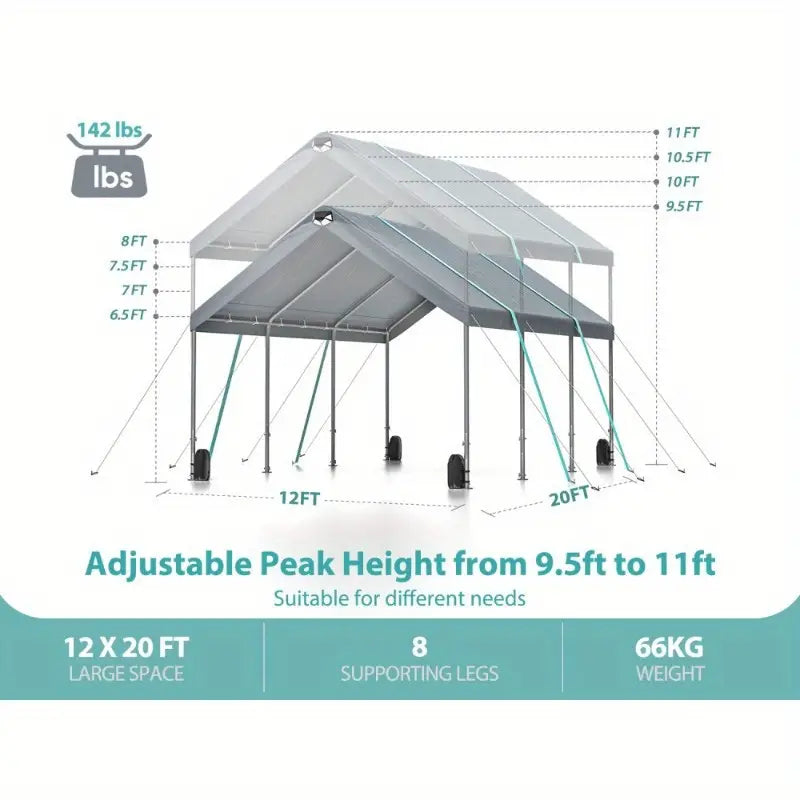 Carport, 10x20 ft Heavy Duty Car Canopy Garage Boat Shelter Party Tent with 8 Reinforced Poles and 4 Weight Bags