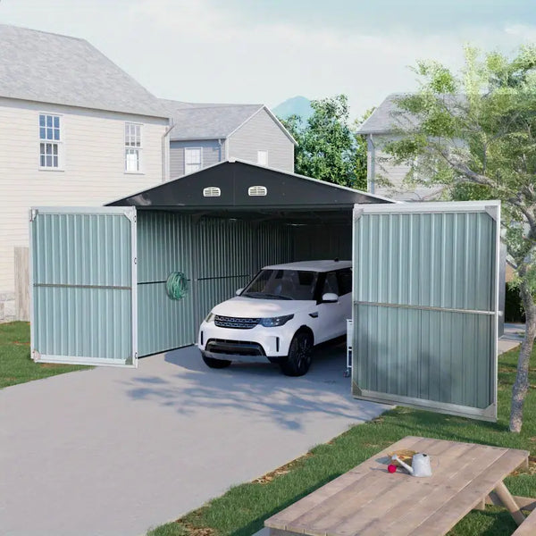 13' x 10' Metal Garage Shed - Car & Bike Storage, 2 Doors, 4 Vents