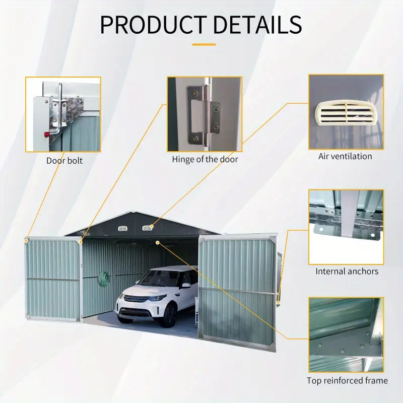 13' x 10' Metal Garage Shed - Car & Bike Storage, 2 Doors, 4 Vents