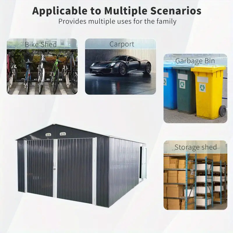 13' x 10' Metal Garage Shed - Car & Bike Storage, 2 Doors, 4 Vents