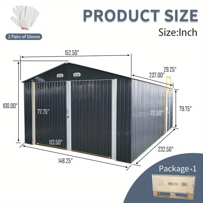 13' x 10' Metal Garage Shed - Car & Bike Storage, 2 Doors, 4 Vents