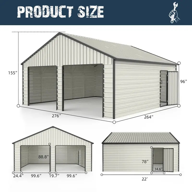 23' x 22' Metal Double Garage Shed with Side Door - Chery Industrial