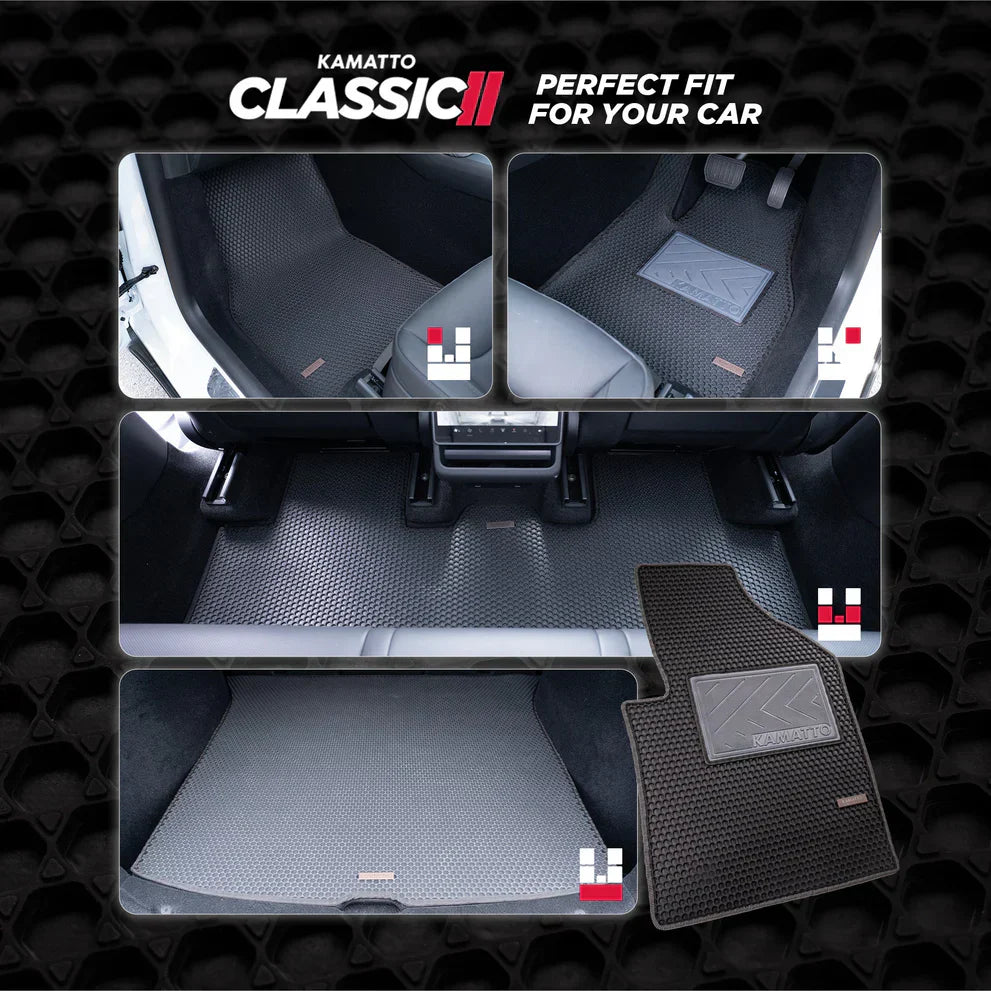 Car floor mats with Kamatto Classic branding on a textured black background