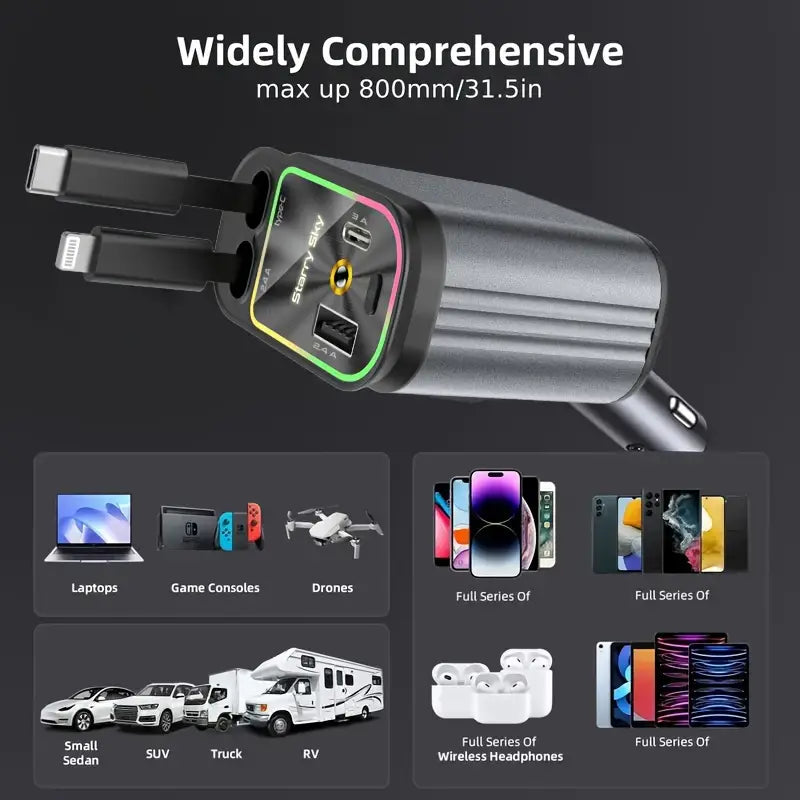 66W 4-in-1 Retractable Car Charger With Star Projector