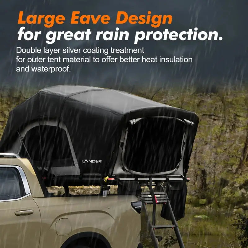 Roof top tent with rain protection feature on a vehicle in an outdoor setting
