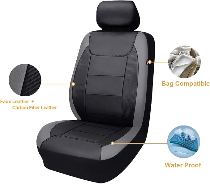 Faux Leather Car Seat Covers — Full Set — Gray / Black