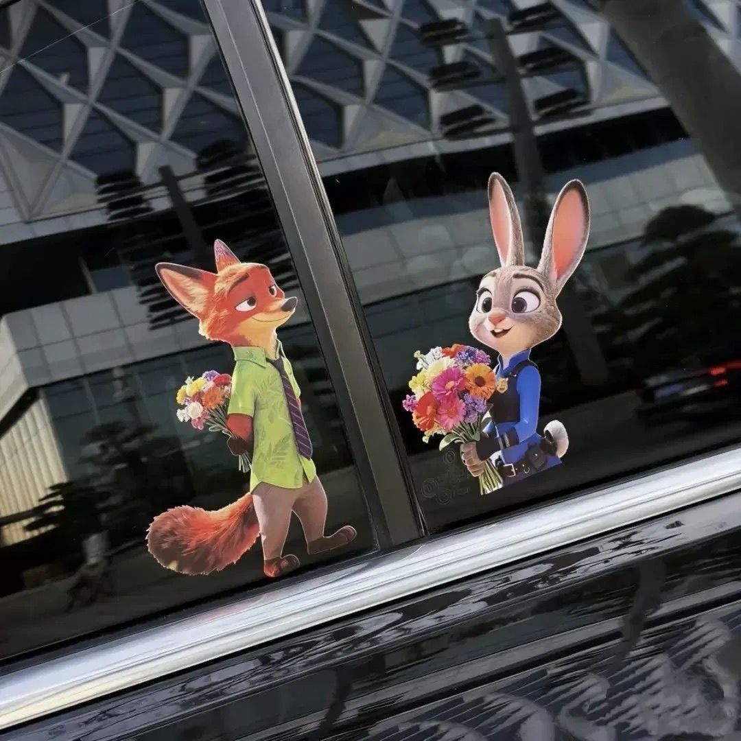 Cartoon fox and rabbit holding flowers on a car window with a modern building in the background