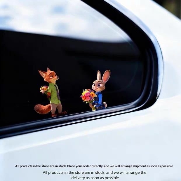 Two animated characters, a fox and a rabbit, on a car window with flowers.