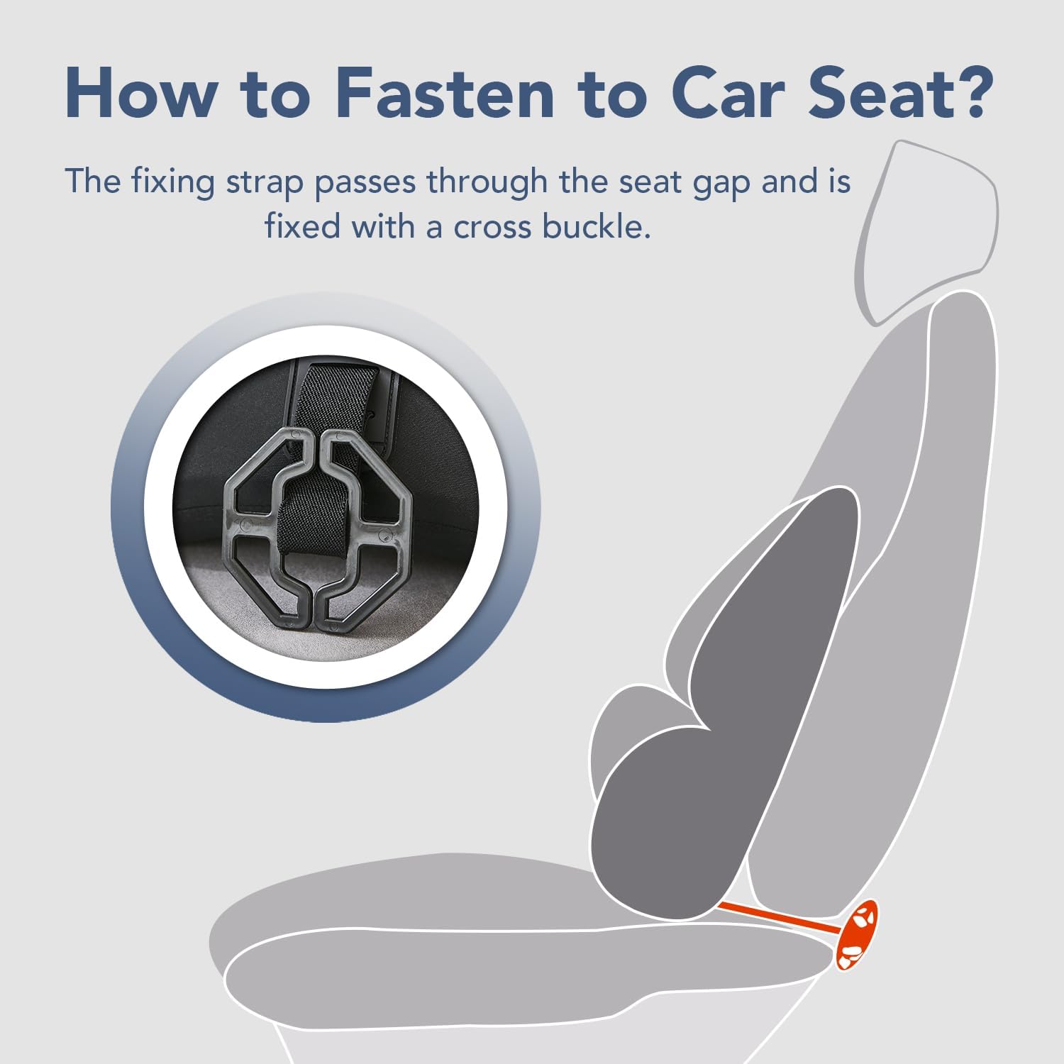 Diagram showing how to fasten a fixing strap to a car seat with text explaining the process.