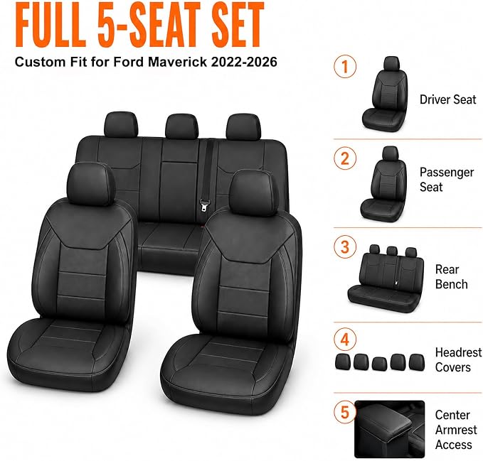 Faux Leather Seat Covers for Ford Maverick — Full Set — Black