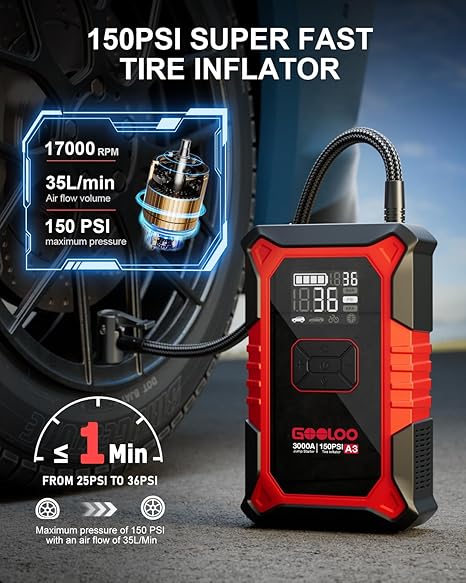A3 Jump Starter & Tire Inflator | 3000A for Gas & Diesel