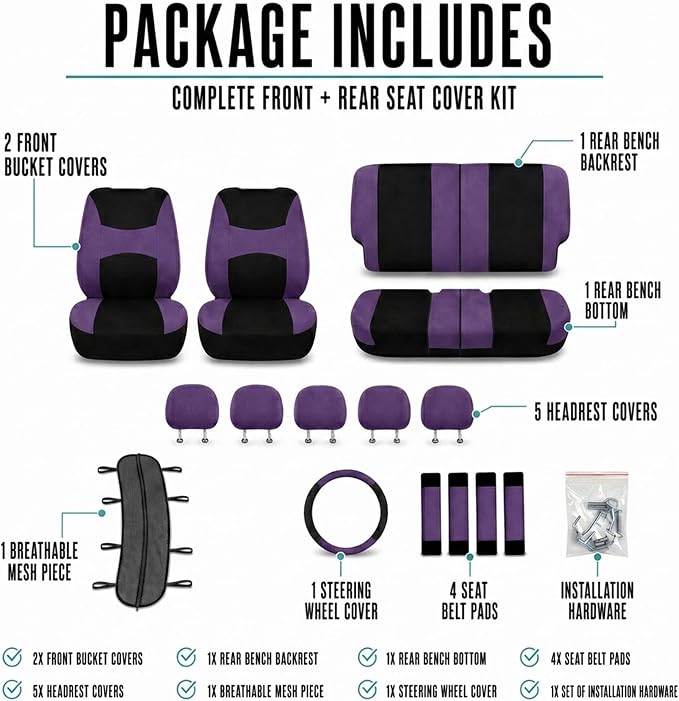Universal Fabric Seat Covers — Full Set — Purple