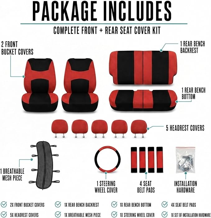 Universal Fabric Seat Covers — Full Set — Red