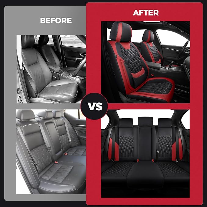 Faux Leather Car Seat Covers — Full Set — Black / Red