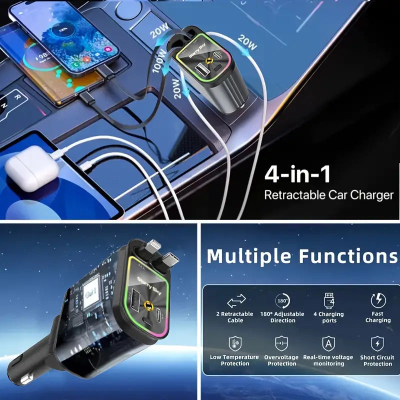 66W 4-in-1 Retractable Car Charger With Star Projector