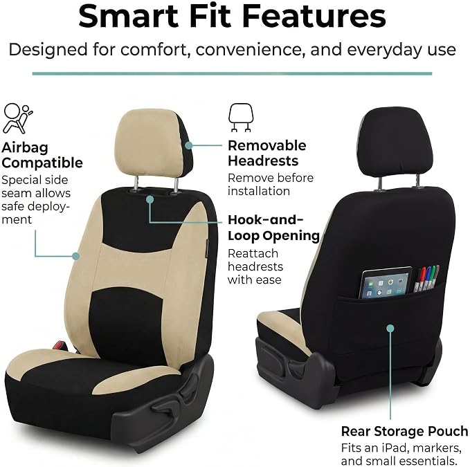 Universal Fabric Seat Covers — Front Seat — Beige / Black