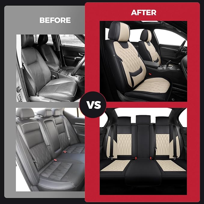 Faux Leather Car Seat Covers — Full Set — Black / Beige
