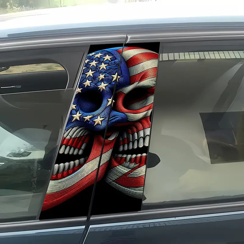 2pcs US Flag & Halloween Skull Car Decals B-Pillar Stickers