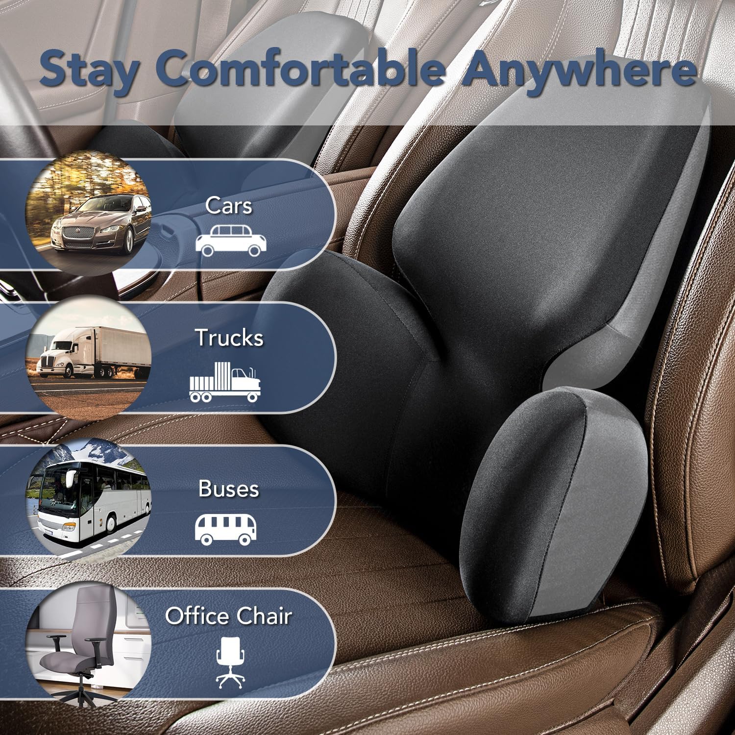 Neck pillow with text 'Stay Comfortable Anywhere' and icons for cars, trucks, buses, and office chair.