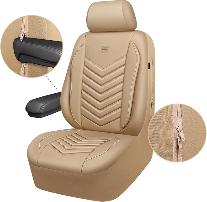 Universal Faux Leather Seat Covers — Full Set — Tan / Beige