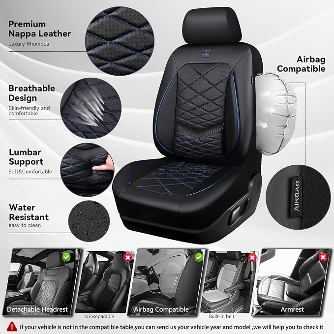 Universal Faux Leather Seat Covers — Full Set — Black / Blue