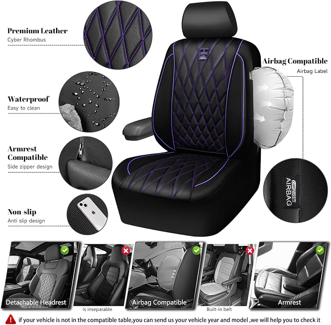 Universal Faux Leather Seat Covers — Front Seat — Black / Purple