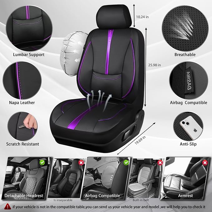 Universal Faux Leather Seat Covers — Front Seat — Black / Purple