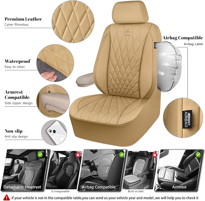 Universal Faux Leather Seat Covers — Front Seat — Beige