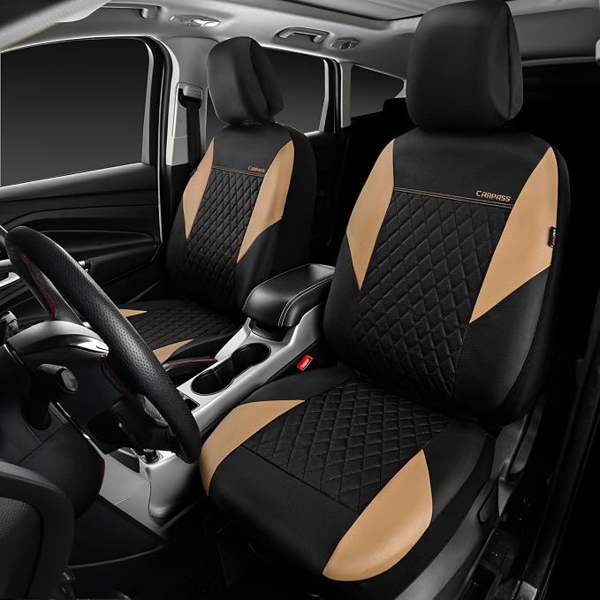 Universal Faux Leather Seat Covers — Front Seat — Black / Beige