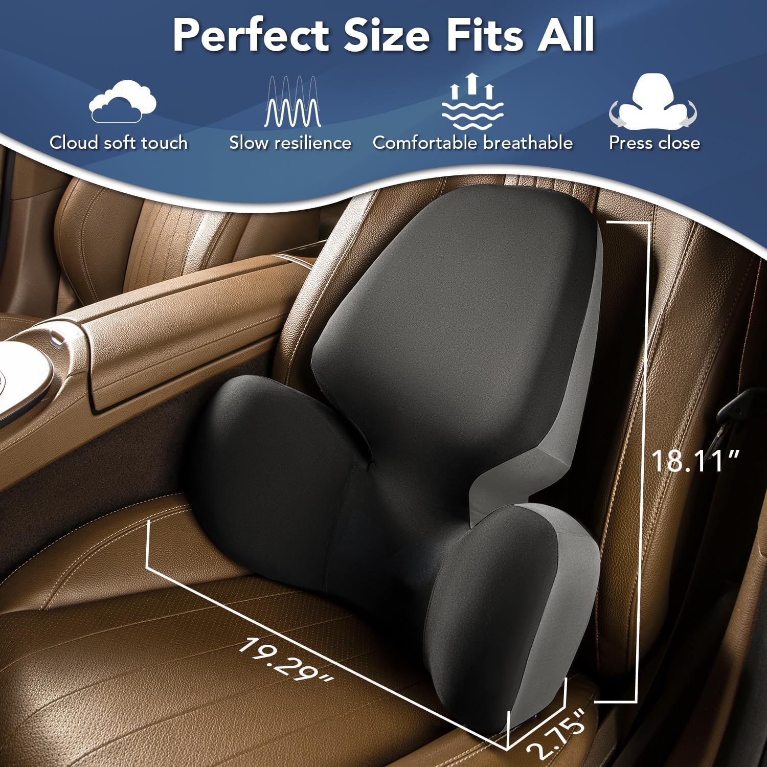 Car seat cover with measurements and features on a brown car seat background