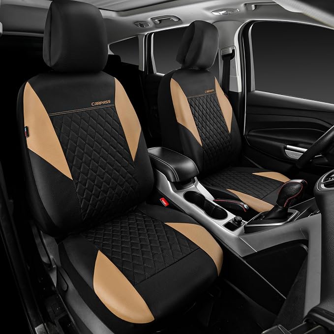 Universal Faux Leather Seat Covers — Front Seat — Black / Beige
