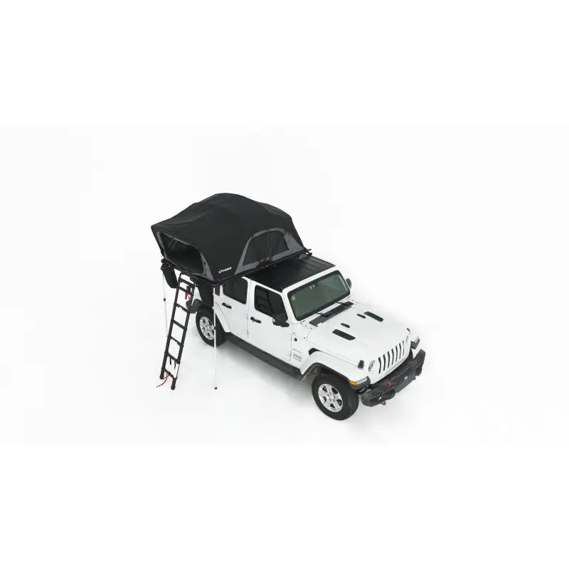 White off-road vehicle with a rooftop tent and ladder on a white background