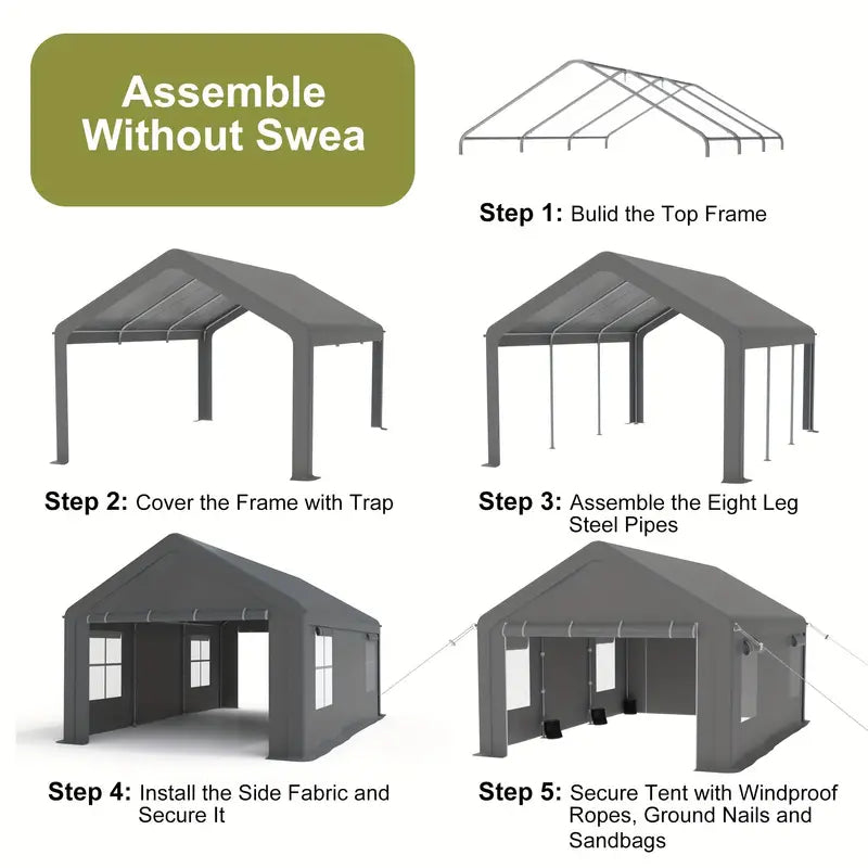 13x20ft Heavy Duty Carport, Portable Garage with 4 Roll-up Doors & 4 Ventilated Windows,
